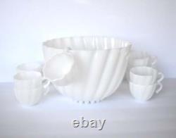 Mid-Century White Milk Glass Punch Bowl & Cups