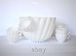 Mid-Century White Milk Glass Punch Bowl & Cups
