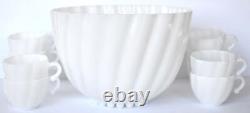 Mid-Century White Milk Glass Punch Bowl & Cups