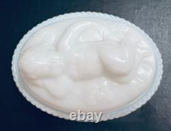 Milk Glass Baby Moses in Bullrushes Covered Dish on Bullrush Base