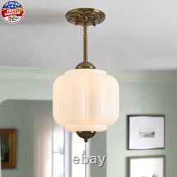Milk Glass Ceiling Light Fixture Antique Brass Semi Flush Mount Pendant Light