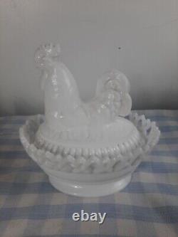 Milk Glass Chicken Hen Rooster Nest Lace Edge White Stamped IG Imperial Glass