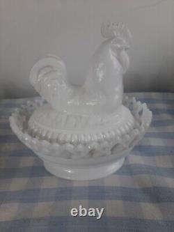 Milk Glass Chicken Hen Rooster Nest Lace Edge White Stamped IG Imperial Glass