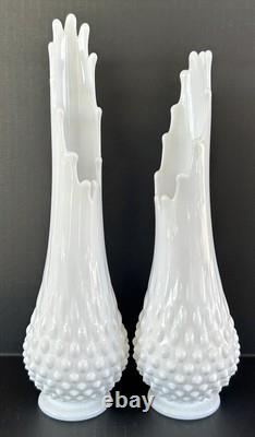 Milk Glass Fenton Hobnail Swung Vase Pair 13.5 & 12.25 MCM