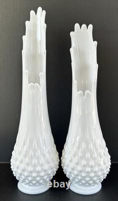 Milk Glass Fenton Hobnail Swung Vase Pair 13.5 & 12.25 MCM