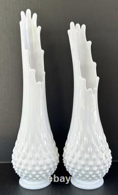 Milk Glass Fenton Hobnail Swung Vase Pair 13.5 & 12.25 MCM