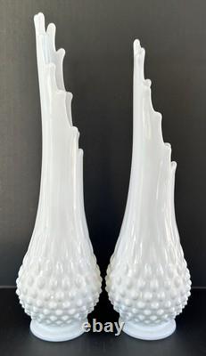 Milk Glass Fenton Hobnail Swung Vase Pair 13.5 & 12.25 MCM