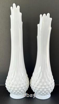 Milk Glass Fenton Hobnail Swung Vase Pair 13.5 & 12.25 MCM