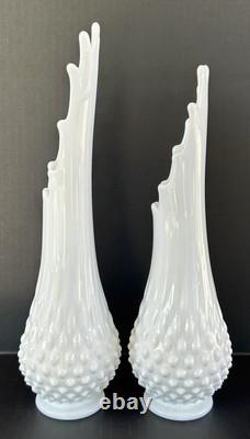 Milk Glass Fenton Hobnail Swung Vase Pair 13.5 & 12.25 MCM