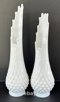 Milk Glass Fenton Hobnail Swung Vase Pair 13.5 & 12.25 MCM