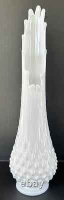 Milk Glass Fenton Hobnail Swung Vase Pair 13.5 & 12.25 MCM