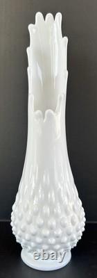 Milk Glass Fenton Hobnail Swung Vase Pair 13.5 & 12.25 MCM