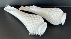 Milk Glass Fenton Hobnail Swung Vase Pair 13.5 & 12.25 MCM