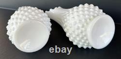 Milk Glass Fenton Hobnail Swung Vase Pair 13.5 & 12.25 MCM