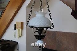 Milk Glass Hobnail Vintage Hanging Light Fixture With Black Wrought Iron Accent