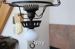 Milk Glass Hobnail Vintage Hanging Light Fixture With Black Wrought Iron Accent