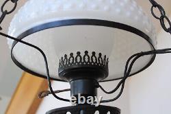 Milk Glass Hobnail Vintage Hanging Light Fixture With Black Wrought Iron Accent