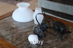 Milk Glass Hobnail Vintage Hanging Light Fixture With Black Wrought Iron Accent