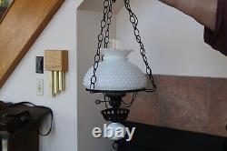 Milk Glass Hobnail Vintage Hanging Light Fixture With Black Wrought Iron Accent