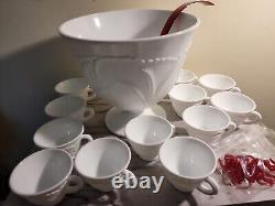Milk Glass Indiana Pebble Leaf Pattern Punch Bowl with Set of 12 Cups, 26 pieces