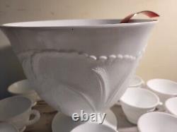 Milk Glass Indiana Pebble Leaf Pattern Punch Bowl with Set of 12 Cups, 26 pieces