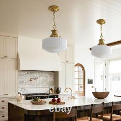 Milk Glass Pendant Light, 10.63 White Pleated Glass Chandelier, Vintage Brass A