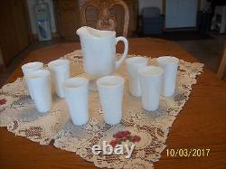 Milk Glass Raised Grape & Leaf Pattern Vintage Pitcher & 16 Glasses