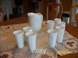 Milk Glass Raised Grape & Leaf Pattern Vintage Pitcher & 16 Glasses