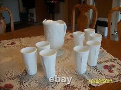 Milk Glass Raised Grape & Leaf Pattern Vintage Pitcher & 16 Glasses