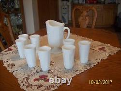 Milk Glass Raised Grape & Leaf Pattern Vintage Pitcher & 16 Glasses