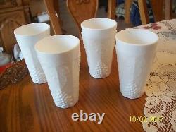 Milk Glass Raised Grape & Leaf Pattern Vintage Pitcher & 16 Glasses