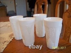 Milk Glass Raised Grape & Leaf Pattern Vintage Pitcher & 16 Glasses