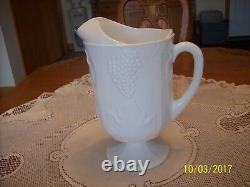 Milk Glass Raised Grape & Leaf Pattern Vintage Pitcher & 16 Glasses