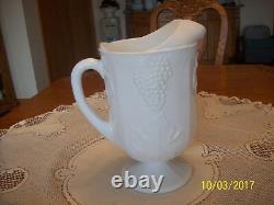 Milk Glass Raised Grape & Leaf Pattern Vintage Pitcher & 16 Glasses