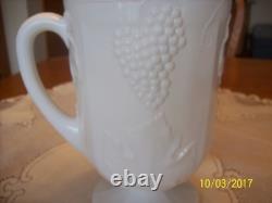 Milk Glass Raised Grape & Leaf Pattern Vintage Pitcher & 16 Glasses