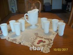 Milk Glass Raised Grape & Leaf Pattern Vintage Pitcher & 16 Glasses