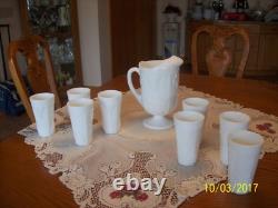 Milk Glass Raised Grape & Leaf Pattern Vintage Pitcher & 16 Glasses