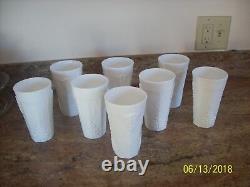 Milk Glass Raised Grape & Leaf Pattern Vintage Pitcher & 16 Glasses