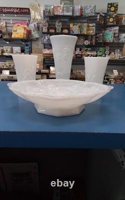 Milk Glass Set Includes Ornate Candy Dish, Two Short Cups & a Vase