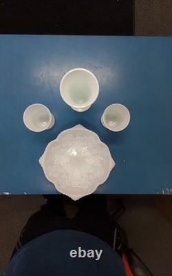 Milk Glass Set Includes Ornate Candy Dish, Two Short Cups & a Vase