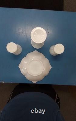 Milk Glass Set Includes Ornate Candy Dish, Two Short Cups & a Vase