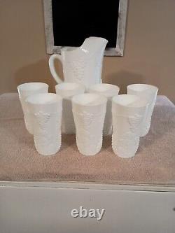 Milk glass pitcher and 7 matching glasses, grape pattern, EXCELLENT CONDITION