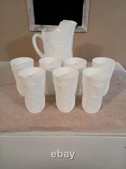 Milk glass pitcher and 7 matching glasses, grape pattern, EXCELLENT CONDITION