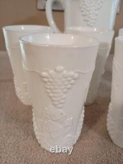 Milk glass pitcher and 7 matching glasses, grape pattern, EXCELLENT CONDITION