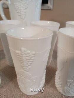 Milk glass pitcher and 7 matching glasses, grape pattern, EXCELLENT CONDITION