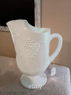 Milk glass pitcher and 7 matching glasses, grape pattern, EXCELLENT CONDITION