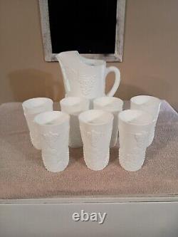 Milk glass pitcher and 7 matching glasses, grape pattern, EXCELLENT CONDITION