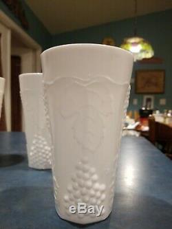 Milk glass pitcher and 8 matching glasses, vintage grape and leaf motif