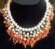 Miriam Haskell Signed Genuine Coral Dangle White Bead Necklace Fabulous 50's