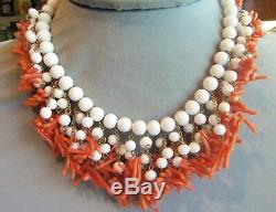 Miriam HaskelL Signed Genuine Coral Dangle White bead Necklace Fabulous 50'S